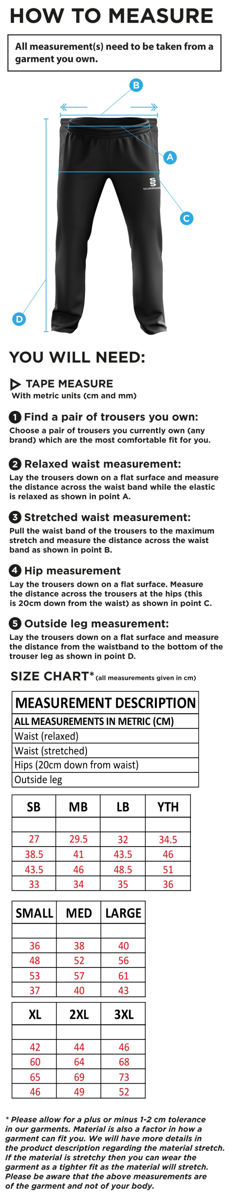 Walkington CC - Ripstop Track Pant - Size Guide