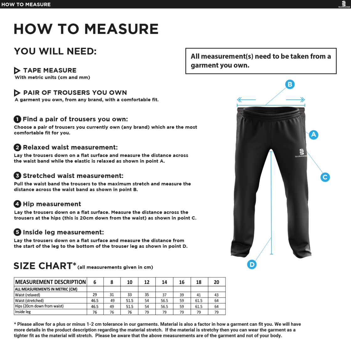 Walkington CC - Women's Poplin Track Pant - Size Guide