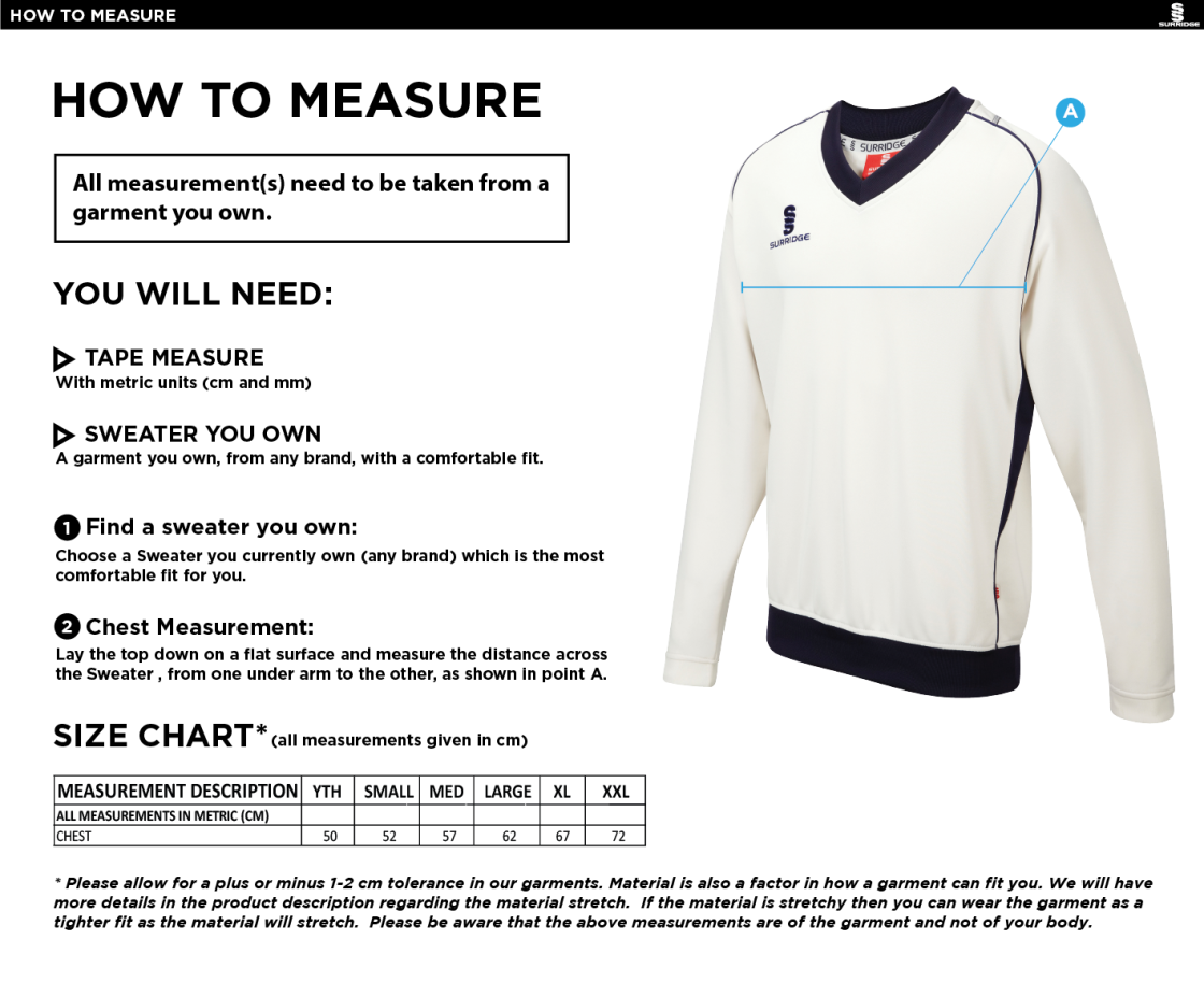 Walkington CC - Long Sleeve Sweater Navy Trim - Size Guide