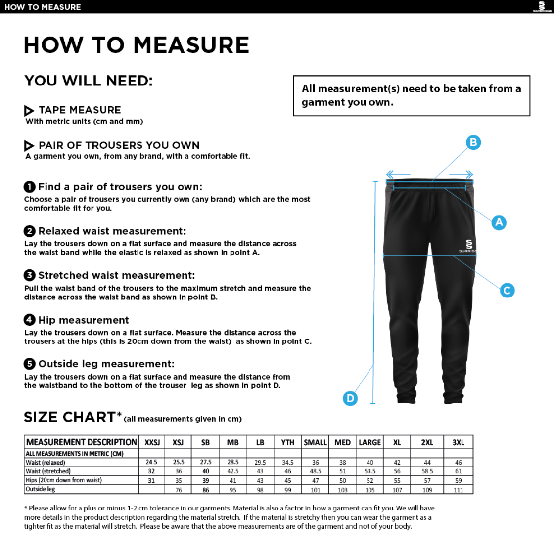 Walkington CC - Tek Slim Pant - Size Guide
