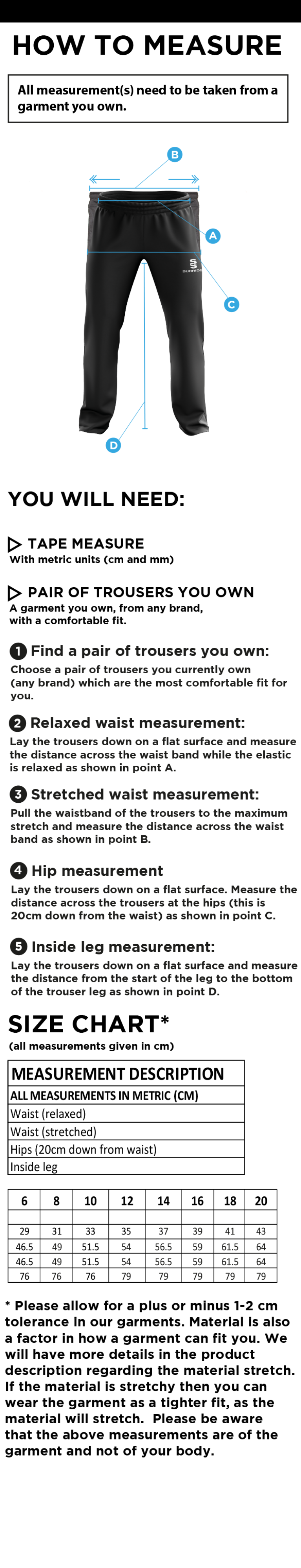 Walkington CC - Women's Ripstop Track Pant - Size Guide