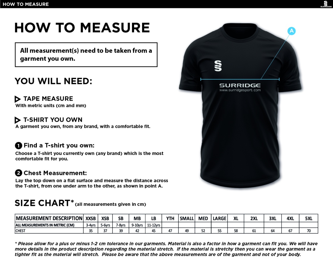 Walkington CC - Dual Gym T-shirt - Size Guide