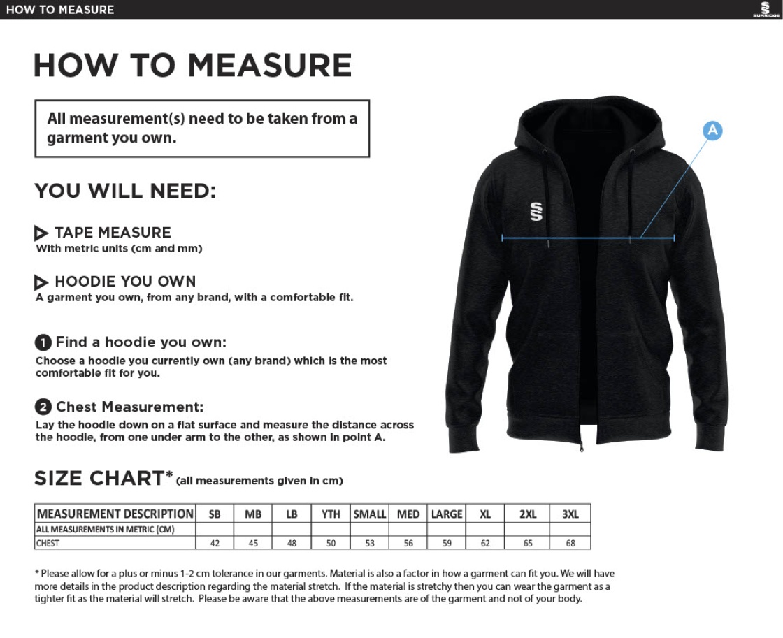 Walkington CC - Dual Full Zip Hoody - Size Guide