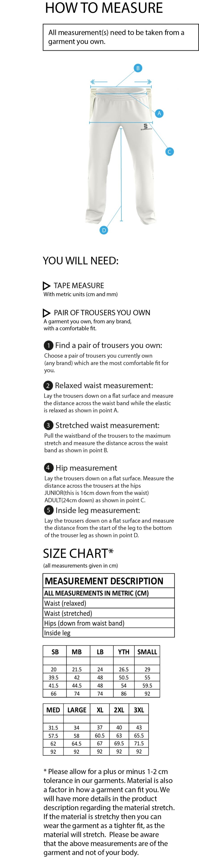 Walkington CC - Standard Playing Pant - Size Guide