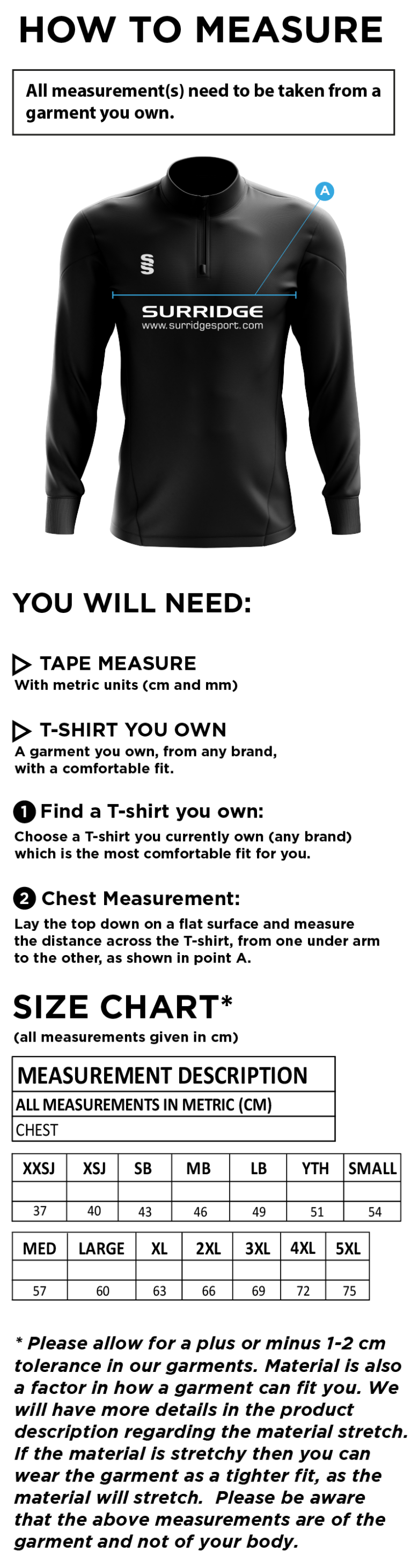 Walkington CC - Blade Performance Top - Size Guide