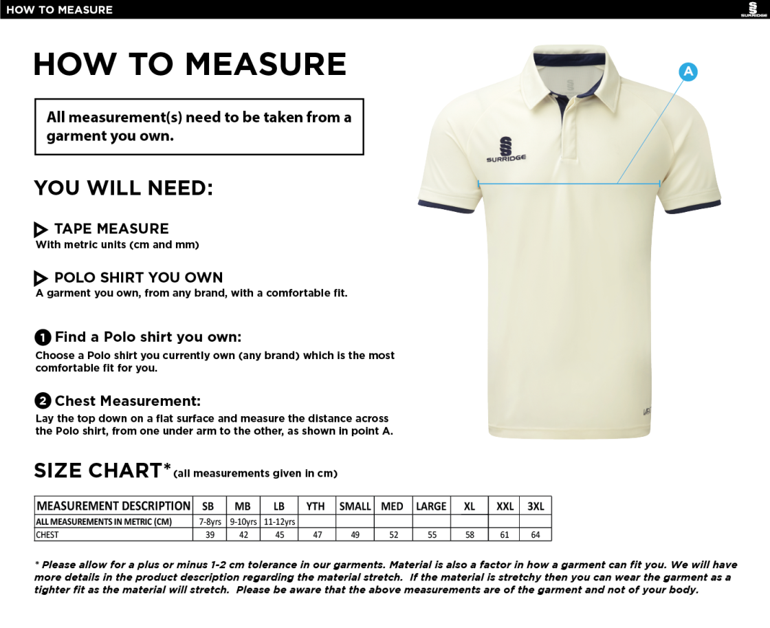 Walkington CC - Ergo Short Sleeve Navy Trim Shirt - Size Guide