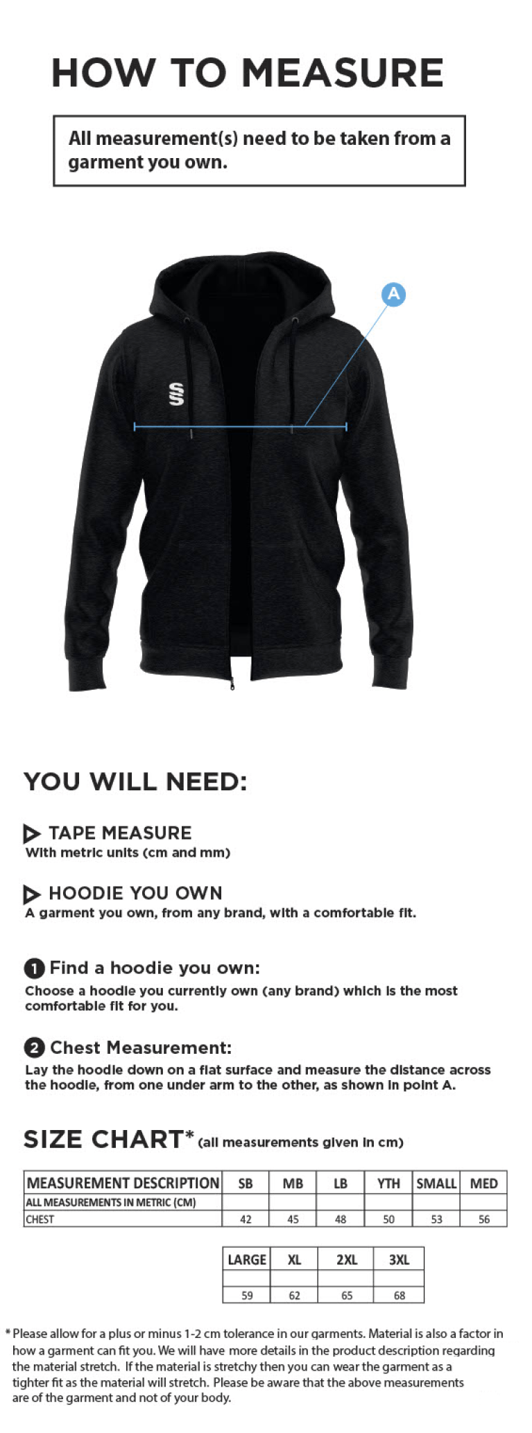Walkington CC - Dual Full Zip Hoody - Size Guide