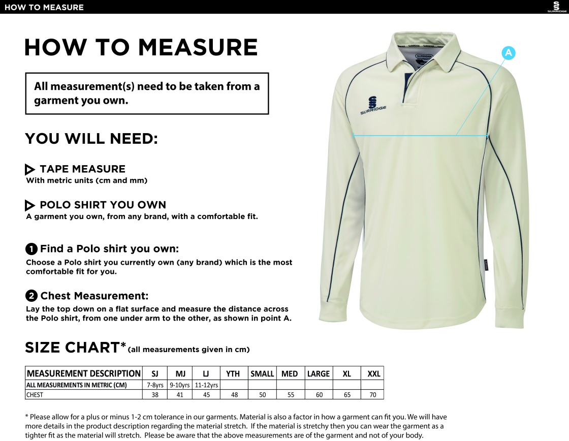 Walkington CC - Premier Long Sleeve Navy Trim Shirt - Size Guide