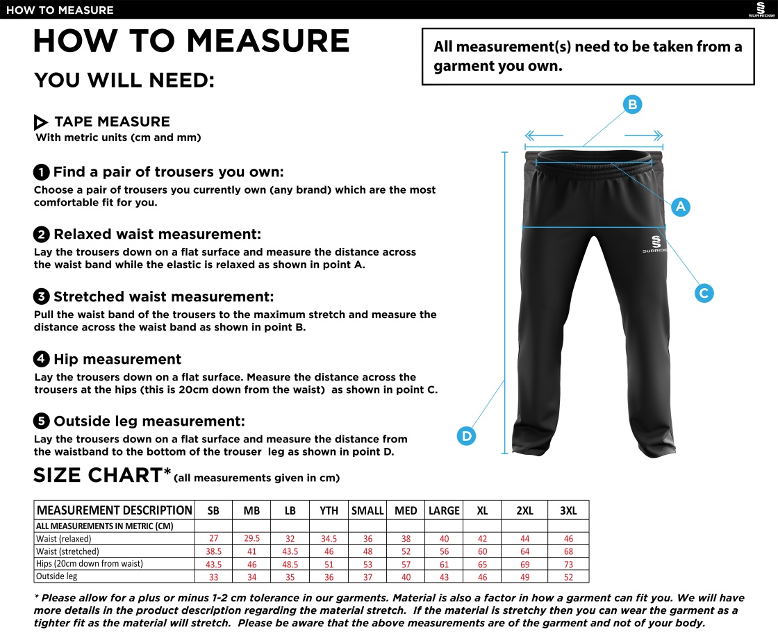 Walkington CC - Ripstop Track Pant - Size Guide
