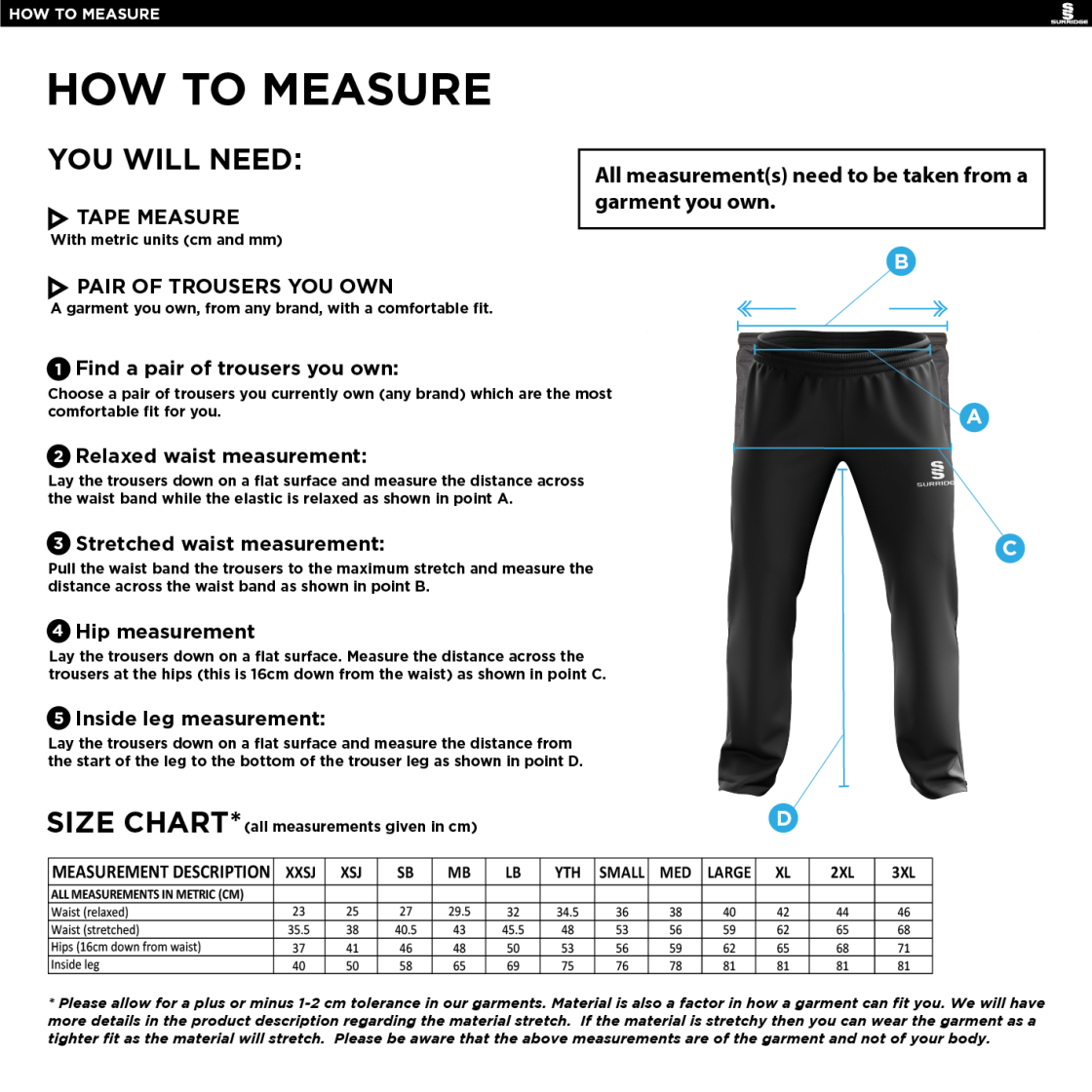 Walkington CC - Poplin Track Pant - Size Guide