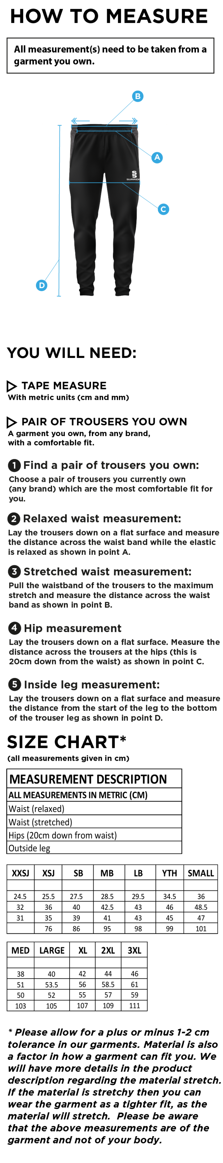 Walkington CC - Tek Slim Pant - Size Guide