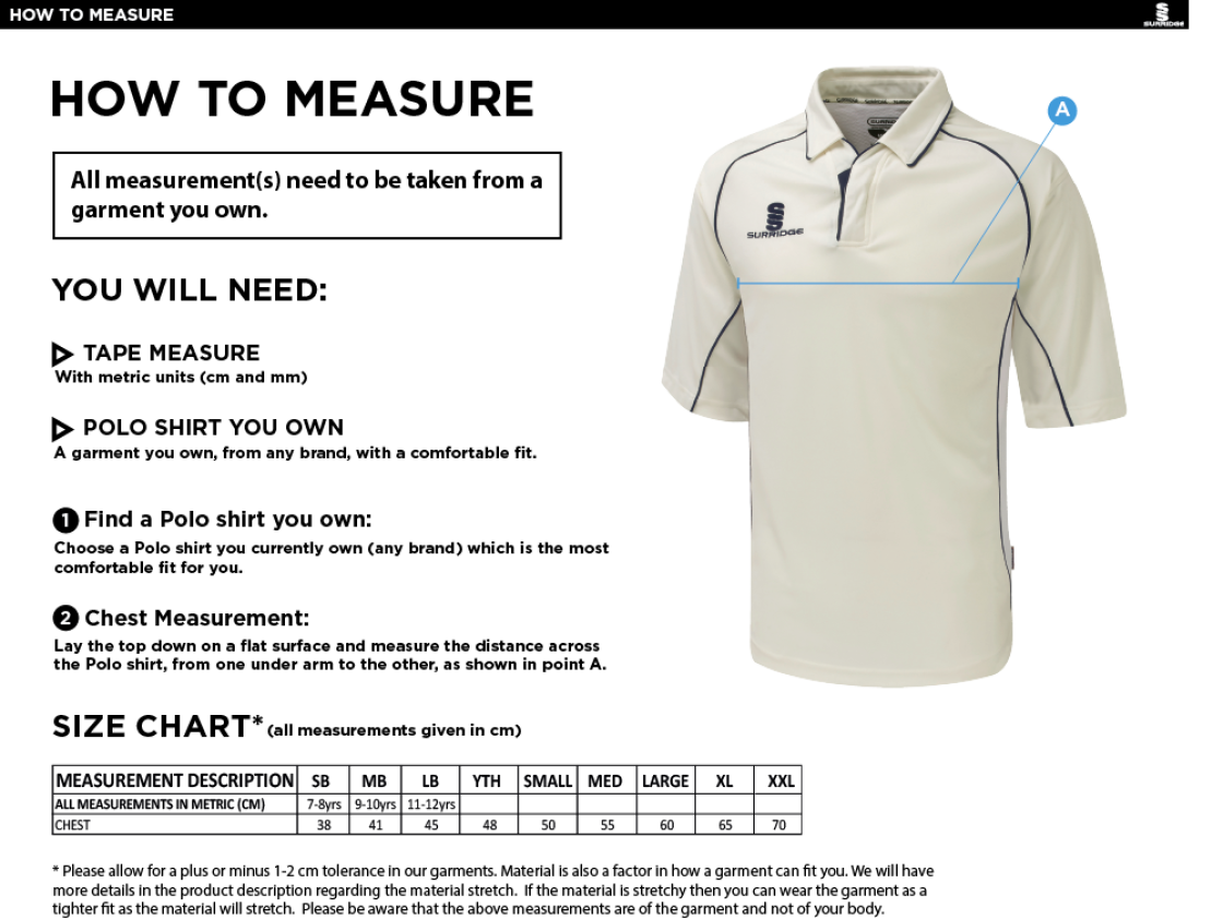 Walkington CC - Premier 3/4 Sleeve Navy Trim Shirt - Size Guide