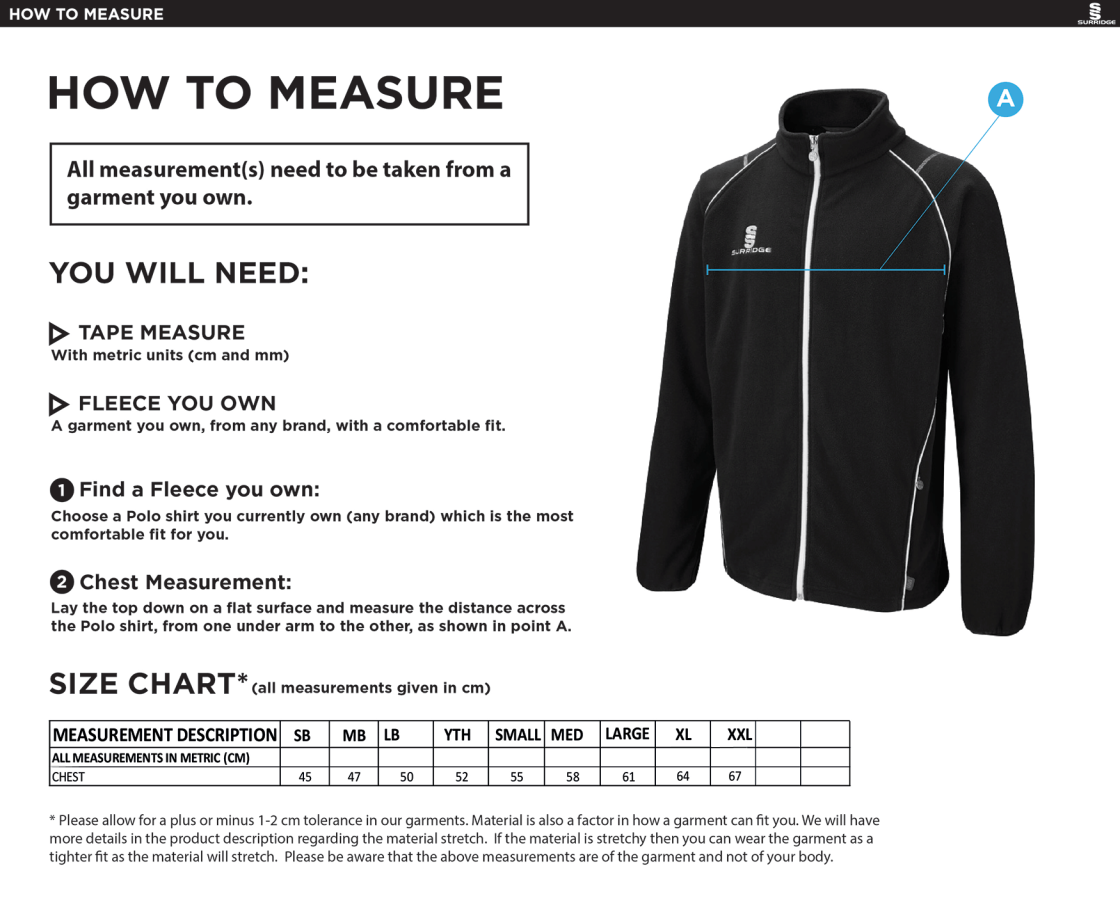 Walkington CC - Full Zip Fleece Jacket - Size Guide