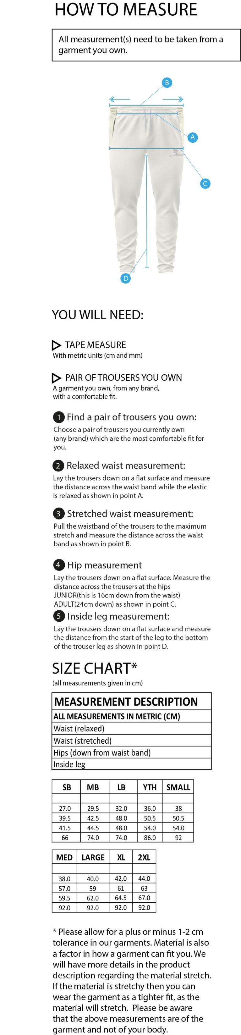 Walkington CC - Ergo Playing Pant - Size Guide