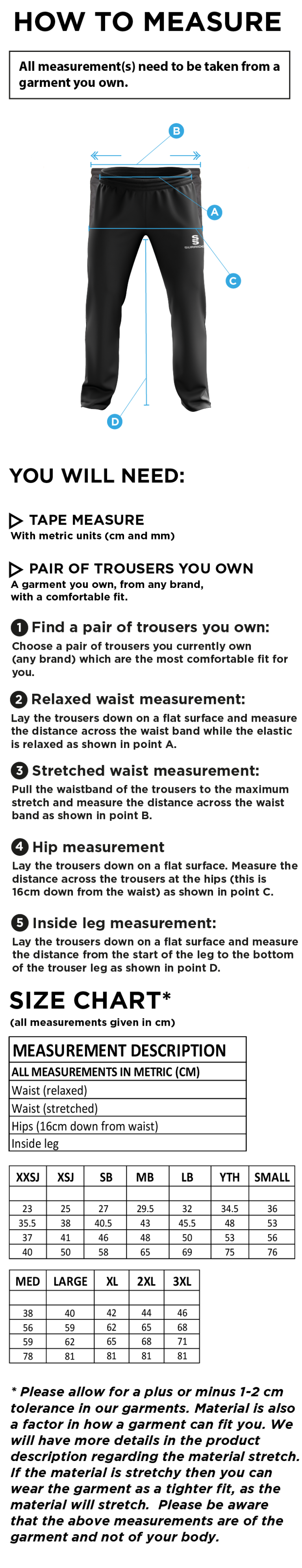 Walkington CC - Poplin Track Pant - Size Guide