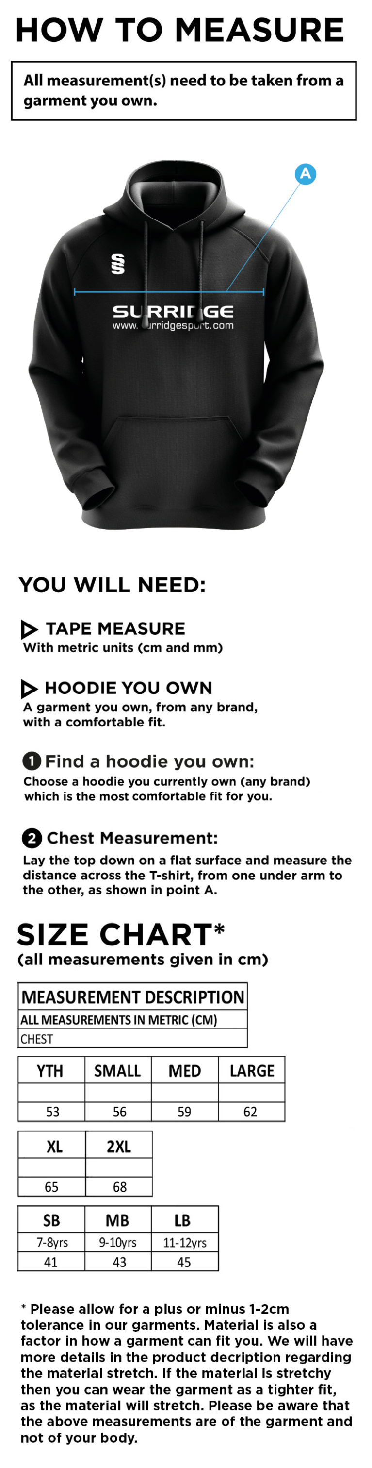 Walkington CC - Blade Hoody - Size Guide