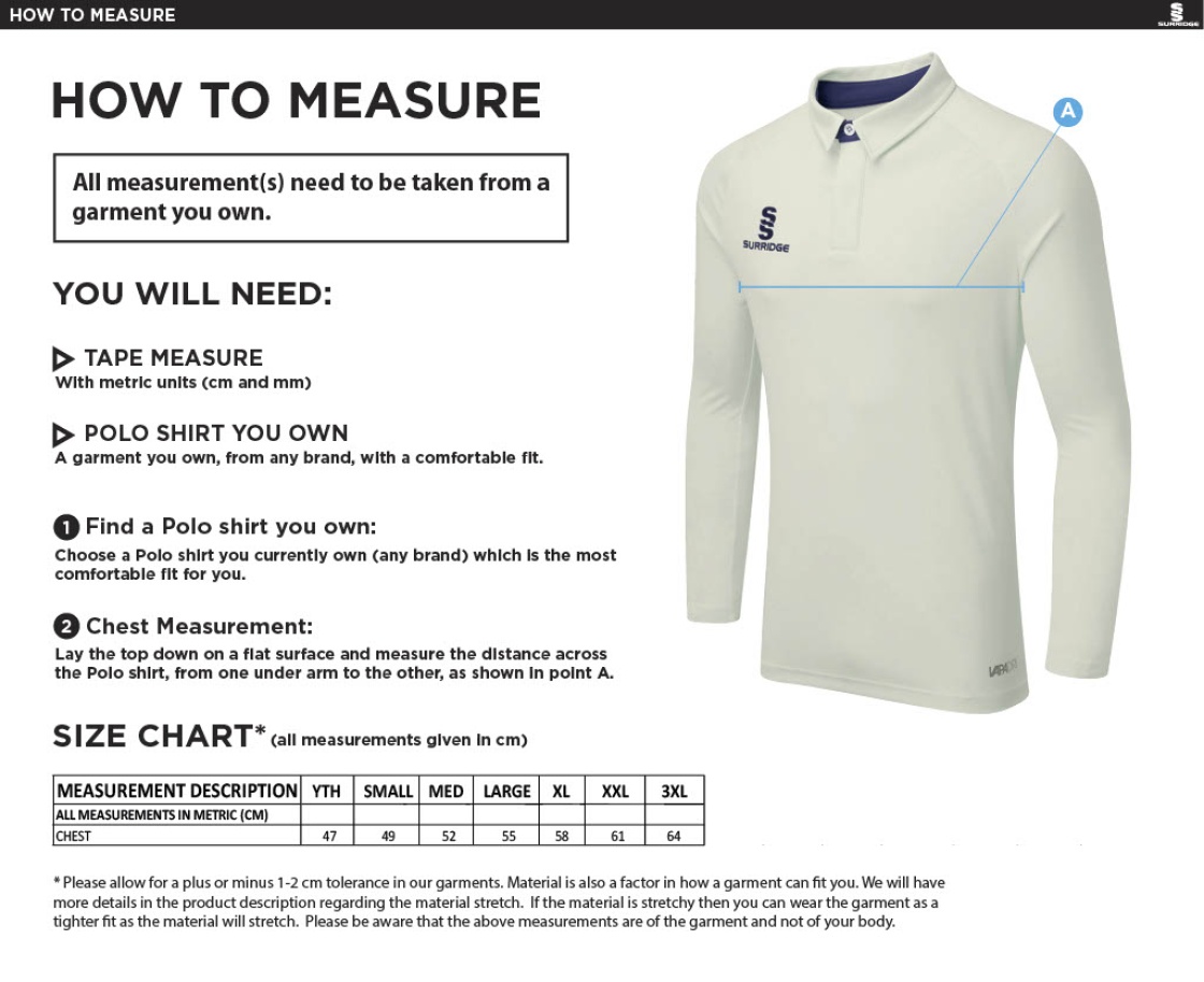 Walkington CC - Ergo Long Sleeve Navy Trim Shirt - Size Guide
